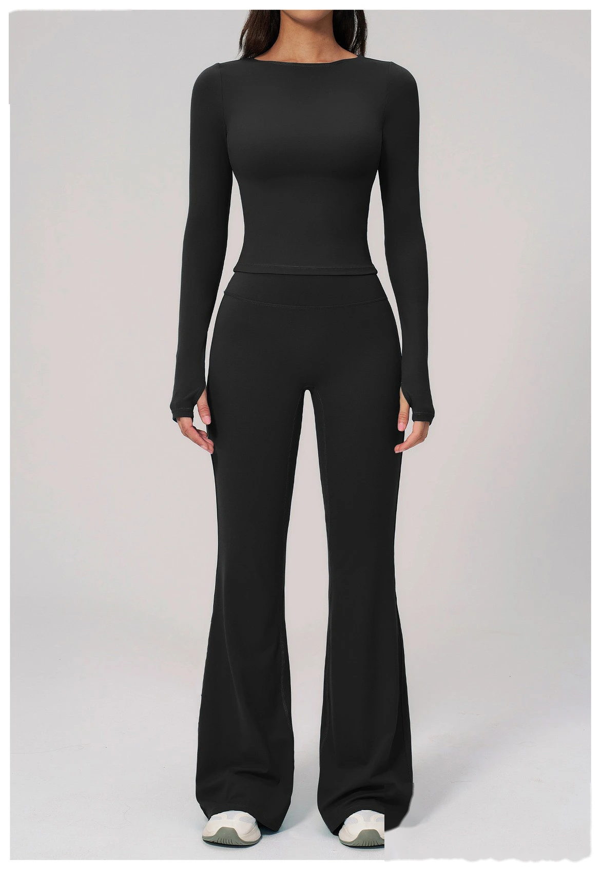 Women's Custom European Style Long Sleeve Sports Top High Waist Slim Hip Lifting Flared Pants Yoga Fitness Set detail