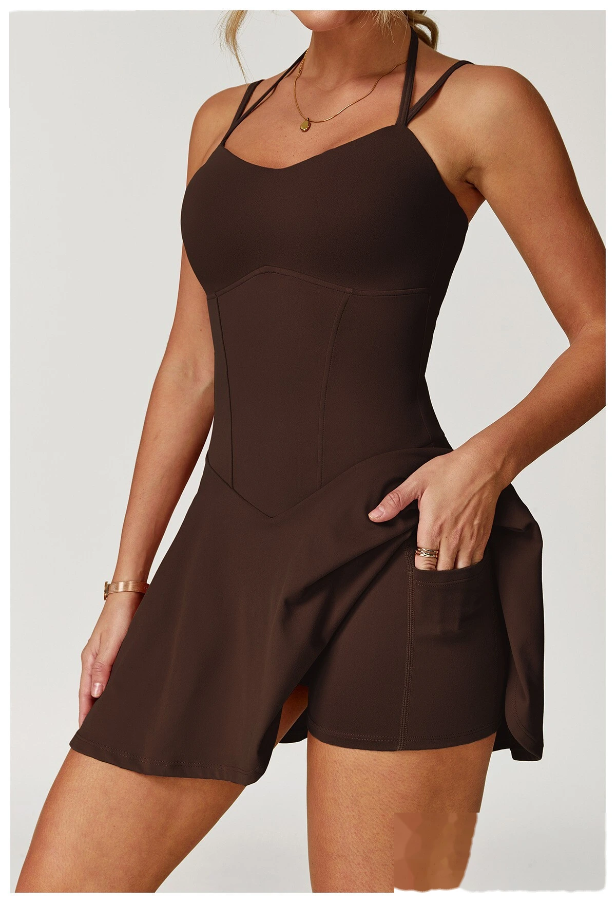 Custom suspender dress female pocket bottoming anti-exposure A-line skirt running tennis skirt detail