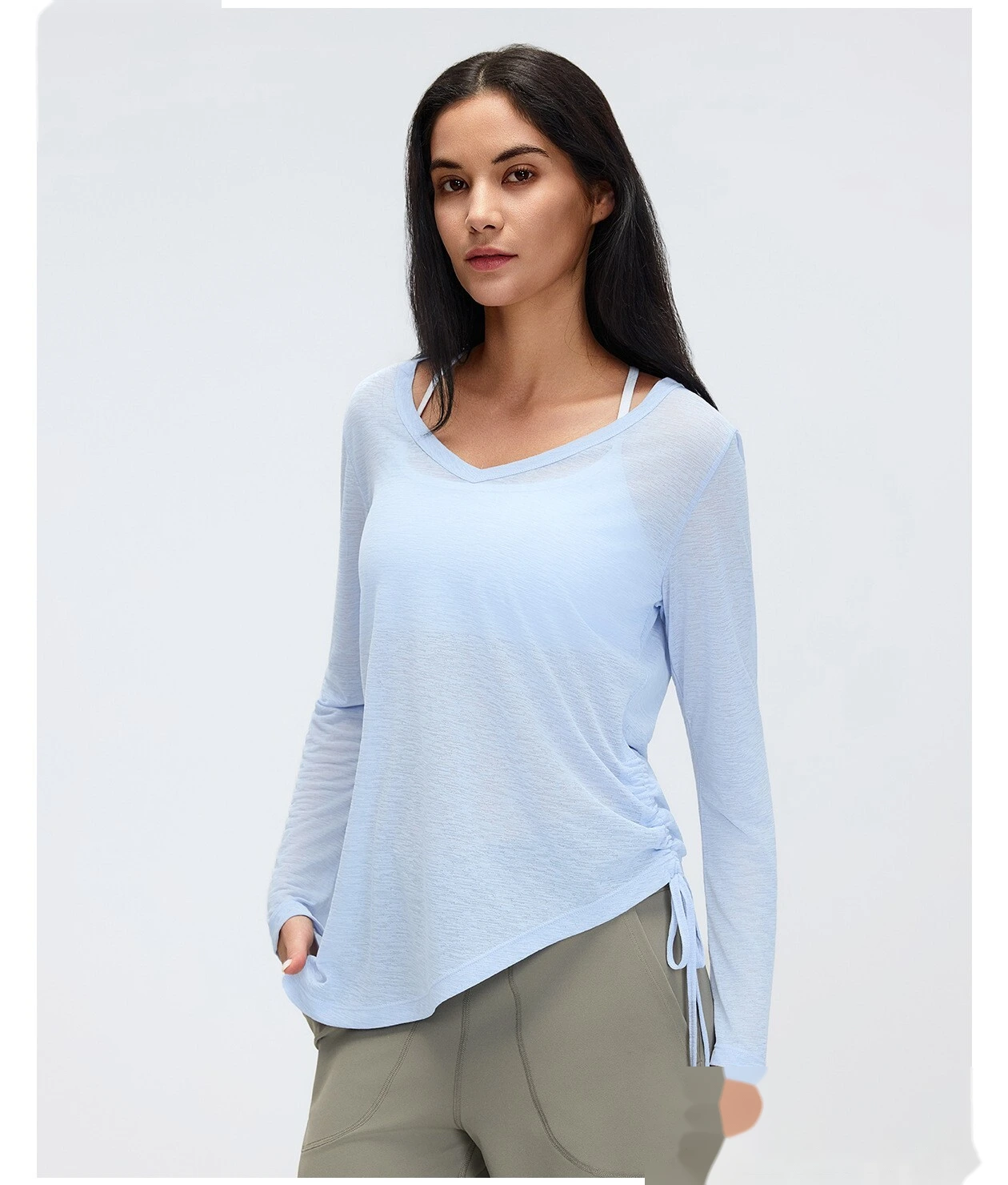Women’s V-Neck Long Sleeve Yoga Shirt Drawstring Waist Slim Fit Casual Sports Tee Loose Cover Up detail