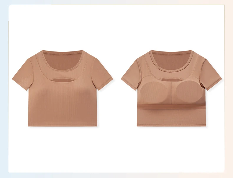 Customized rib sexy hollow short sports T-shirt women with chest pad slim yoga short sleeves detail