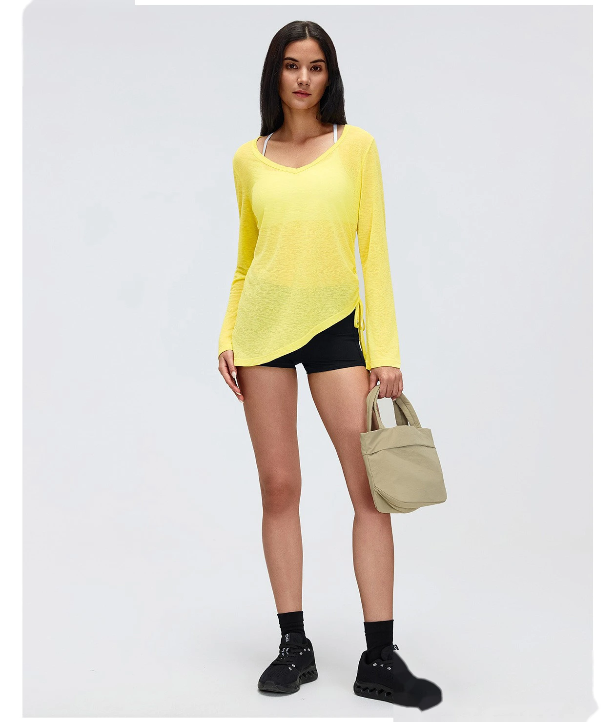 Women’s V-Neck Long Sleeve Yoga Shirt Drawstring Waist Slim Fit Casual Sports Tee Loose Cover Up detail