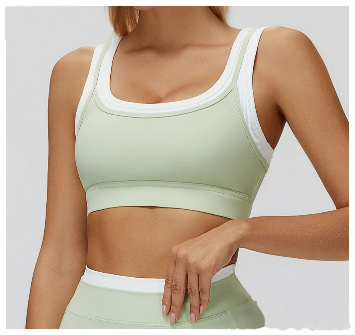 Customizable Naked-Feel Yoga Bra | Women's Fake Two-Piece Ribbed Contrast, Fitness & Running Style detail