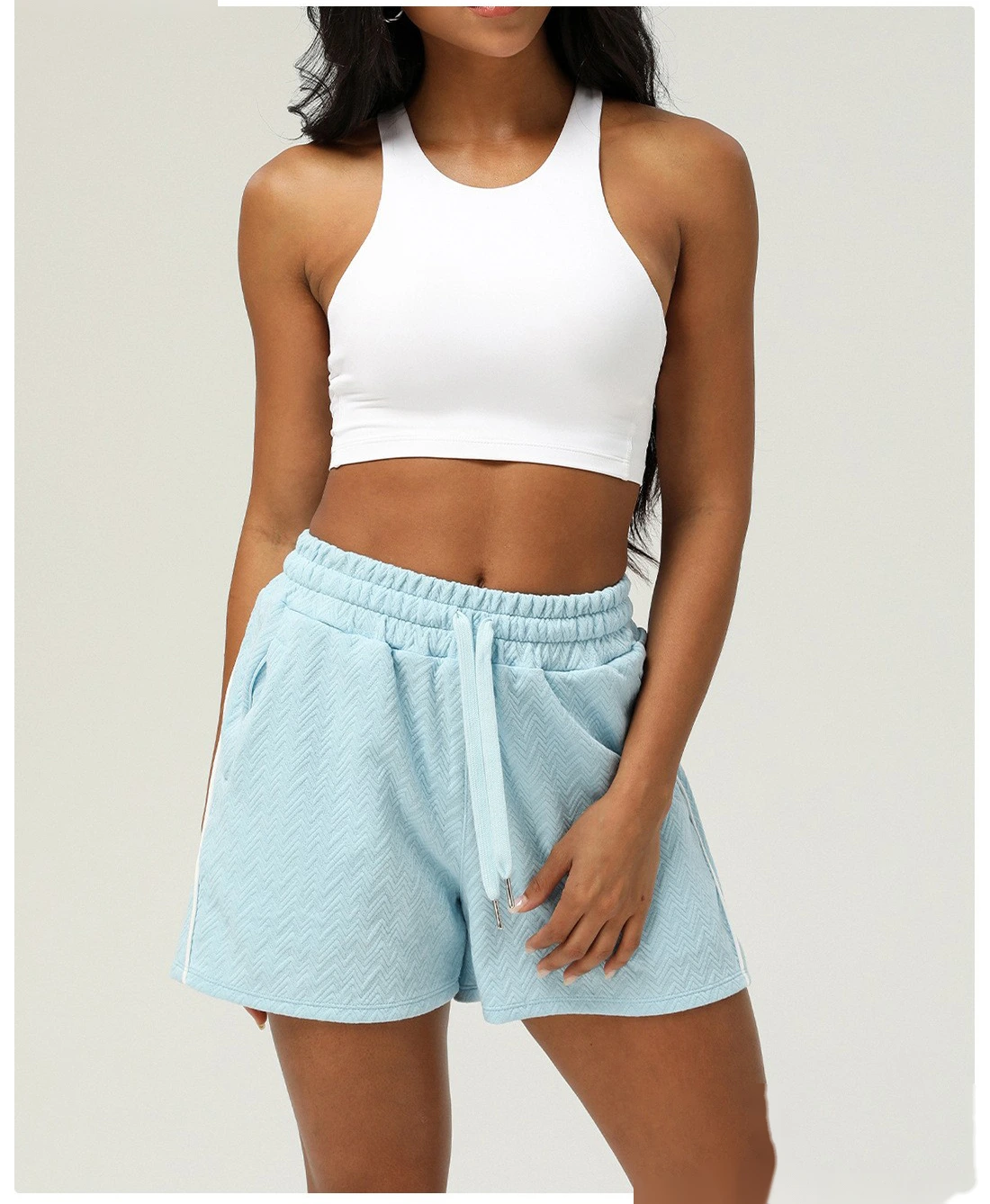 Customized sports casual shorts high waist yoga pants female drawstring outdoor running shorts detail