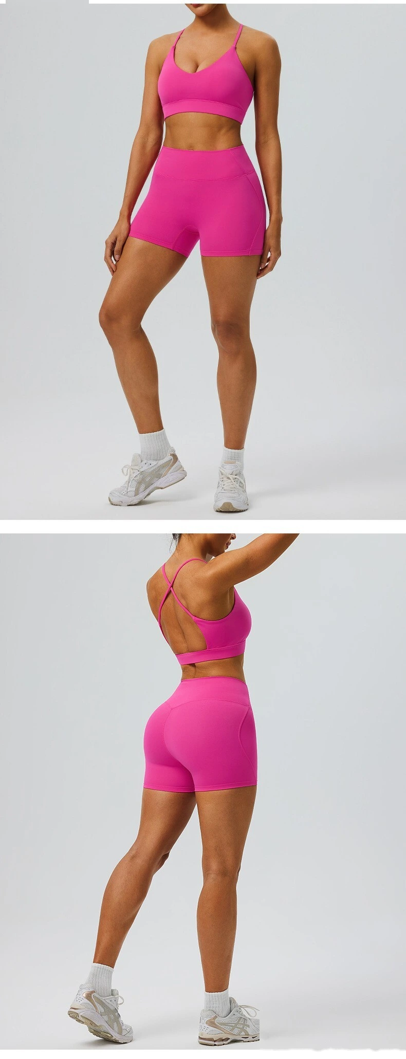 Custom Women’s Breathable Quick Dry Active Set Beauty Back Sports Bra High Waist Gym Shorts Fitness 2 Piece Outfit detail