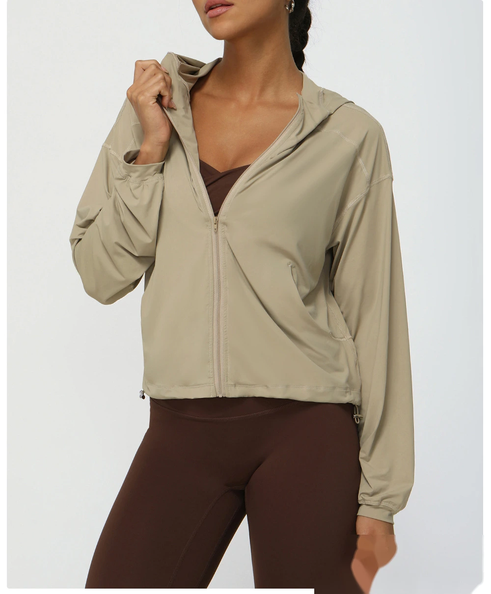 Custom autumn thin yoga clothing jacket quick-drying hooded fitness running sportswear jacket female detail