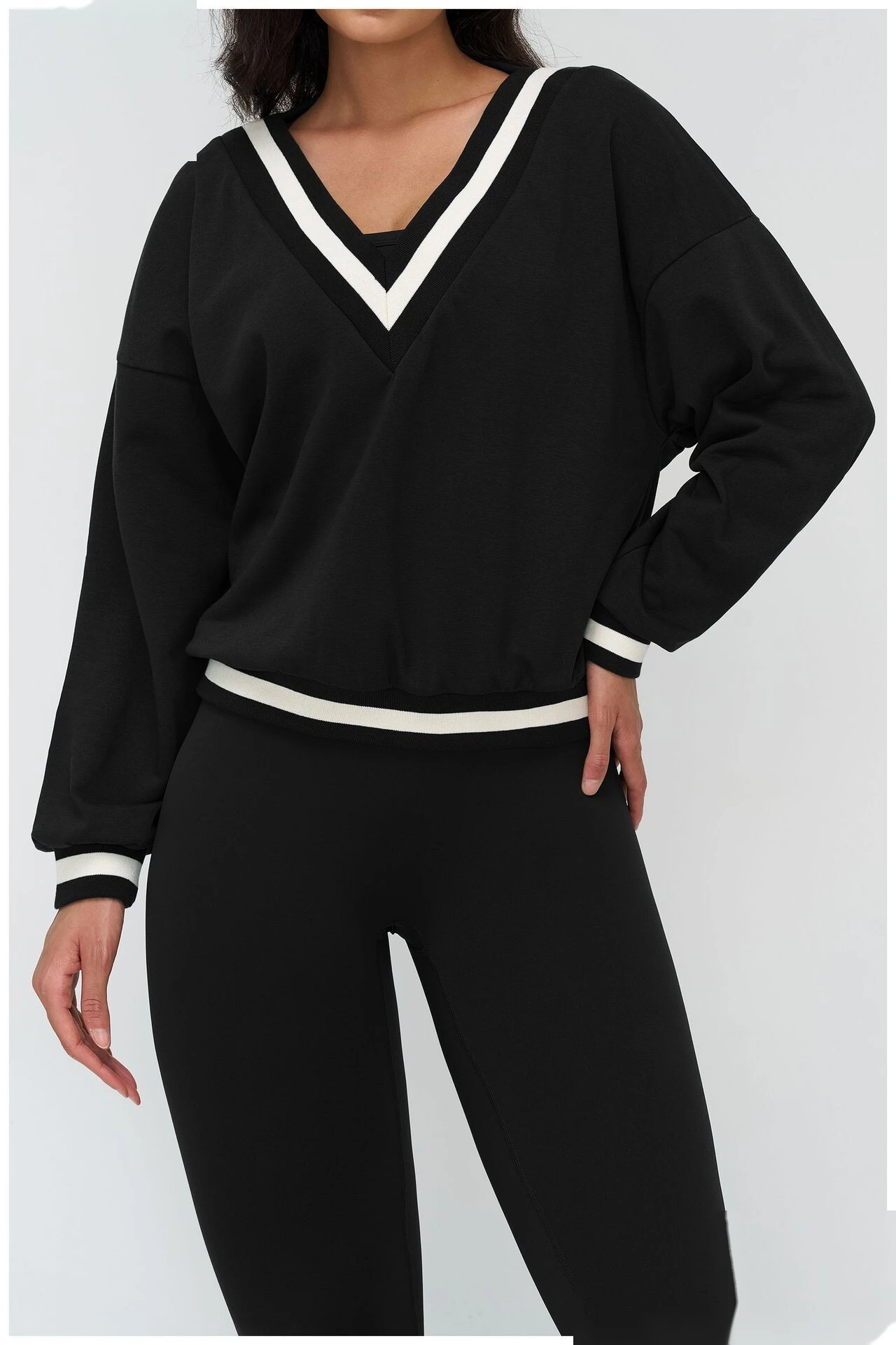 Bulk Custom V-Neck Casual Hoodie - Color Block Loose Fit Outdoor Sports Running Sweatshirt detail