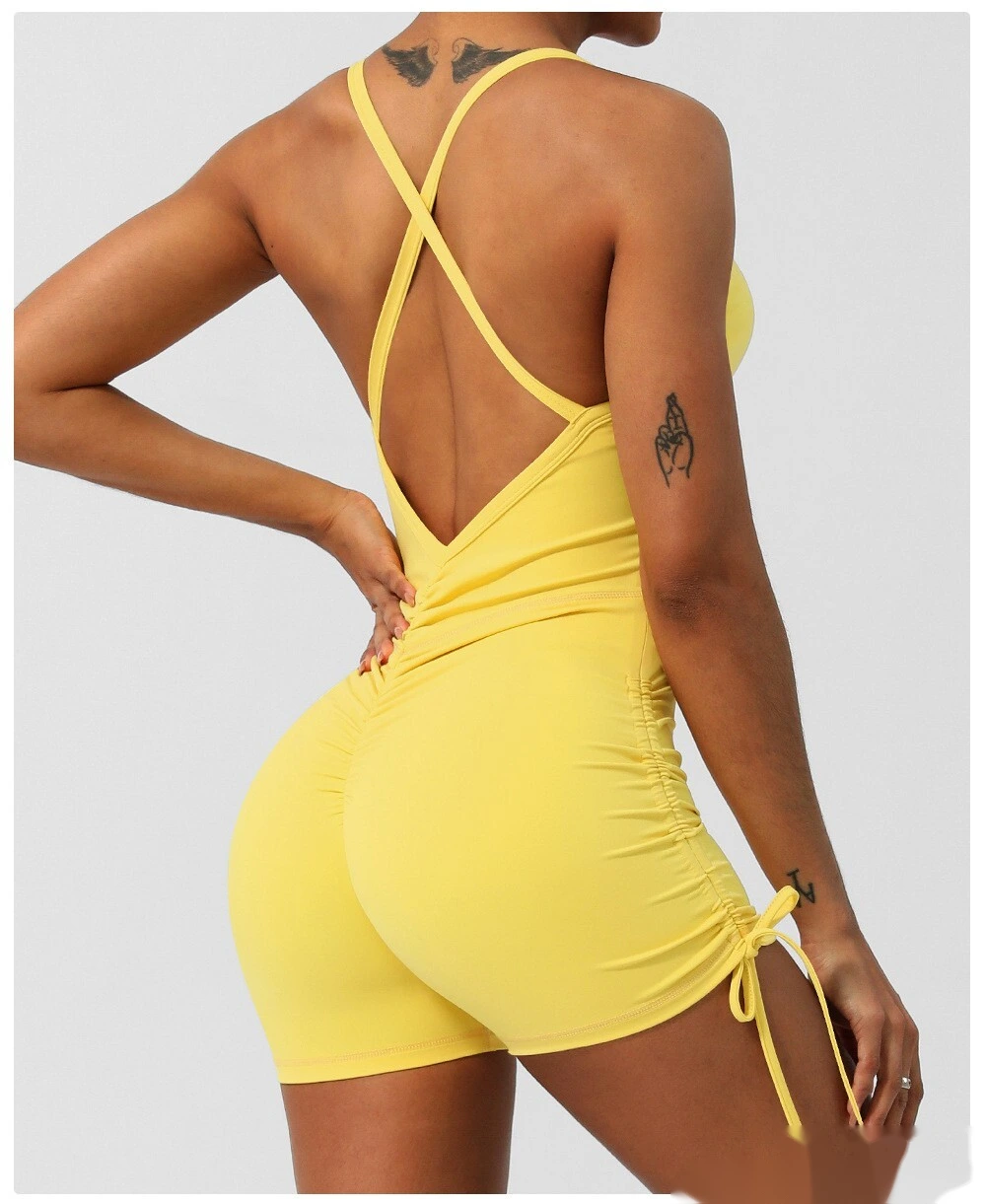 Custom-made European and American thin ribbon cross back yoga clothes tight shorts jumpsuit with chest pad detail