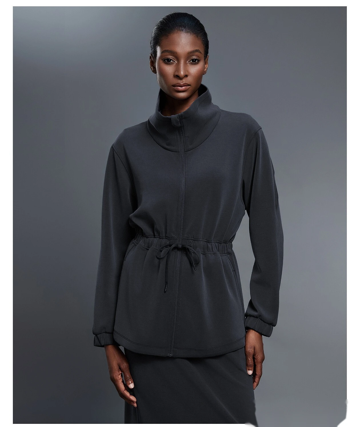 Custom-made long coat women's drawstring waist jacket leisure commuter sports windbreaker detail