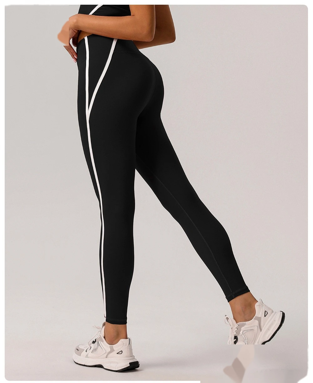 Customized European and American contrast high waist nude yoga pants ladies running fitness tight sports pants detail