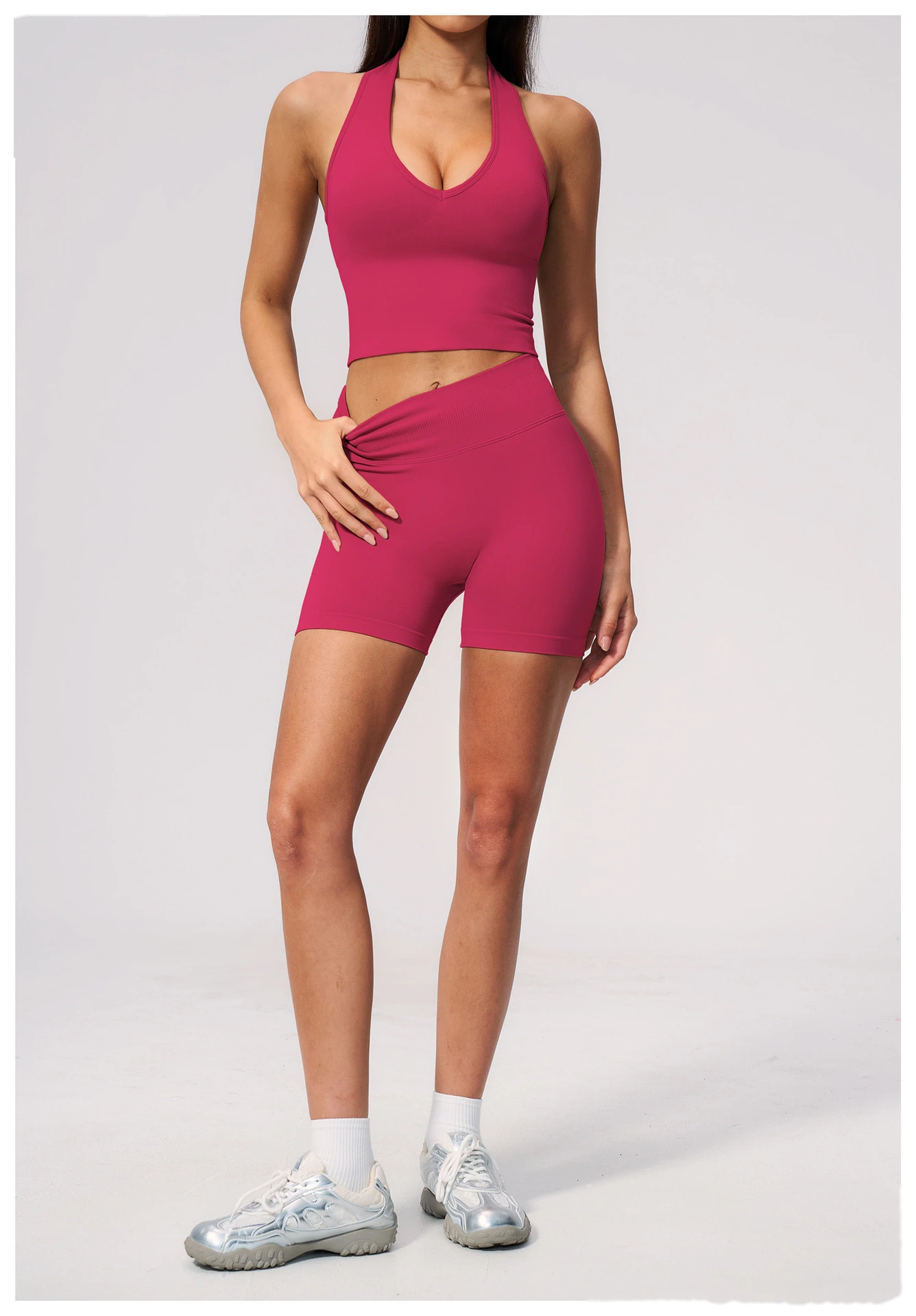 Custom Logo Seamless Sports Two Piece Set, Halter Neck V Front Yoga Top, High Waist Tummy & Hip Shaping Fitness Suit detail