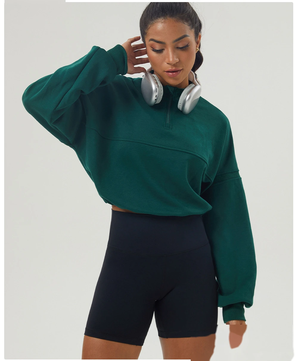 Custom autumn and winter sweater sports fitness long sleeve yoga clothes half zipper loose sweater woman detail