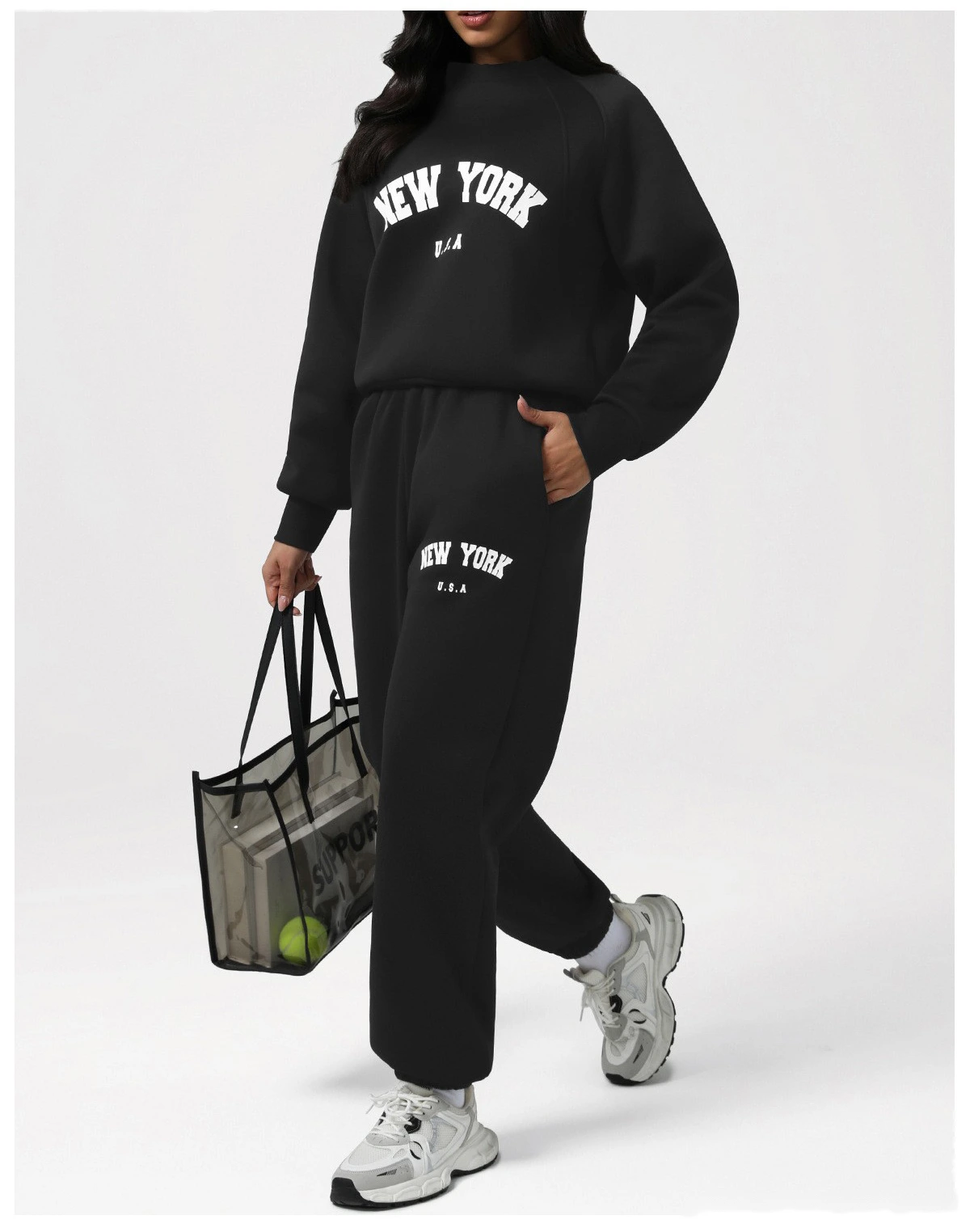 Custom Autumn-Winter Fleece Warm Sweatshirt Set with Cuffed Athletic Jogger Pants & Letter Print detail