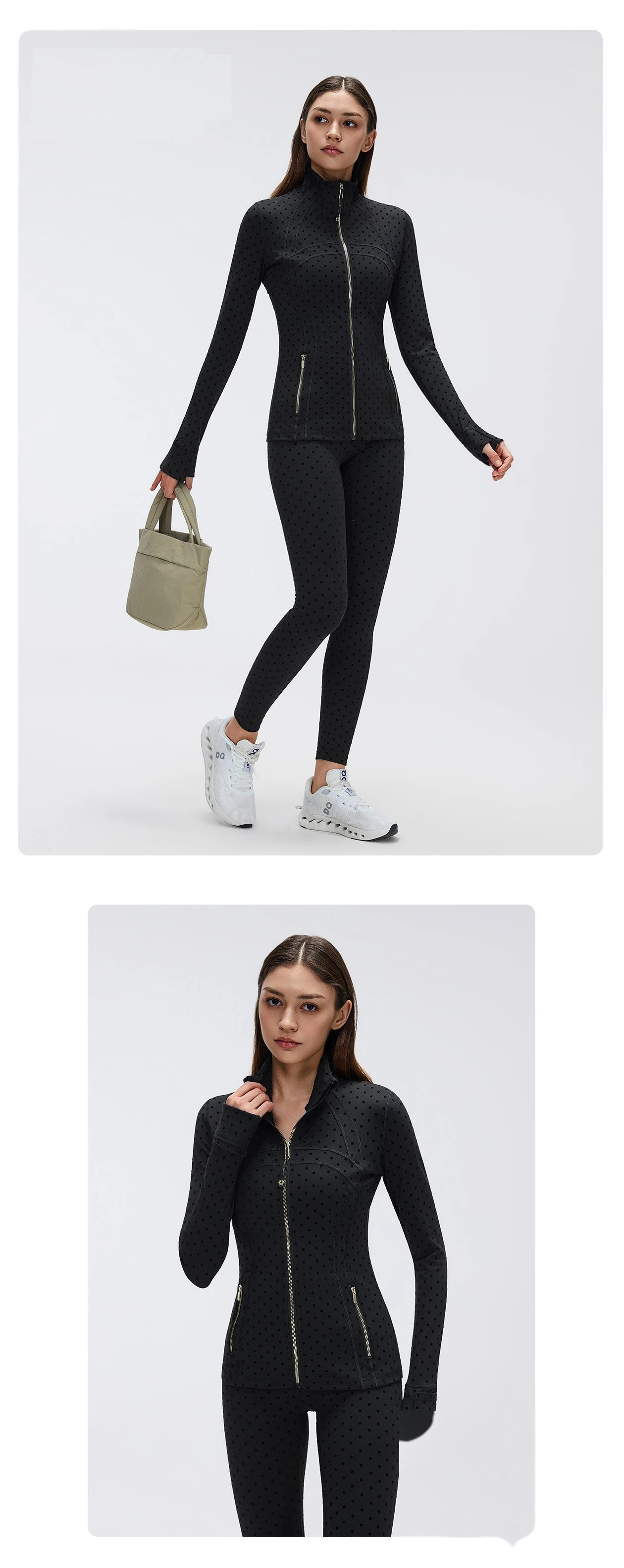 Bulk Custom Yoga Sports Set - Polka Dot Tummy Control Leggings & Slimming Stand Collar Workout Jacket detail
