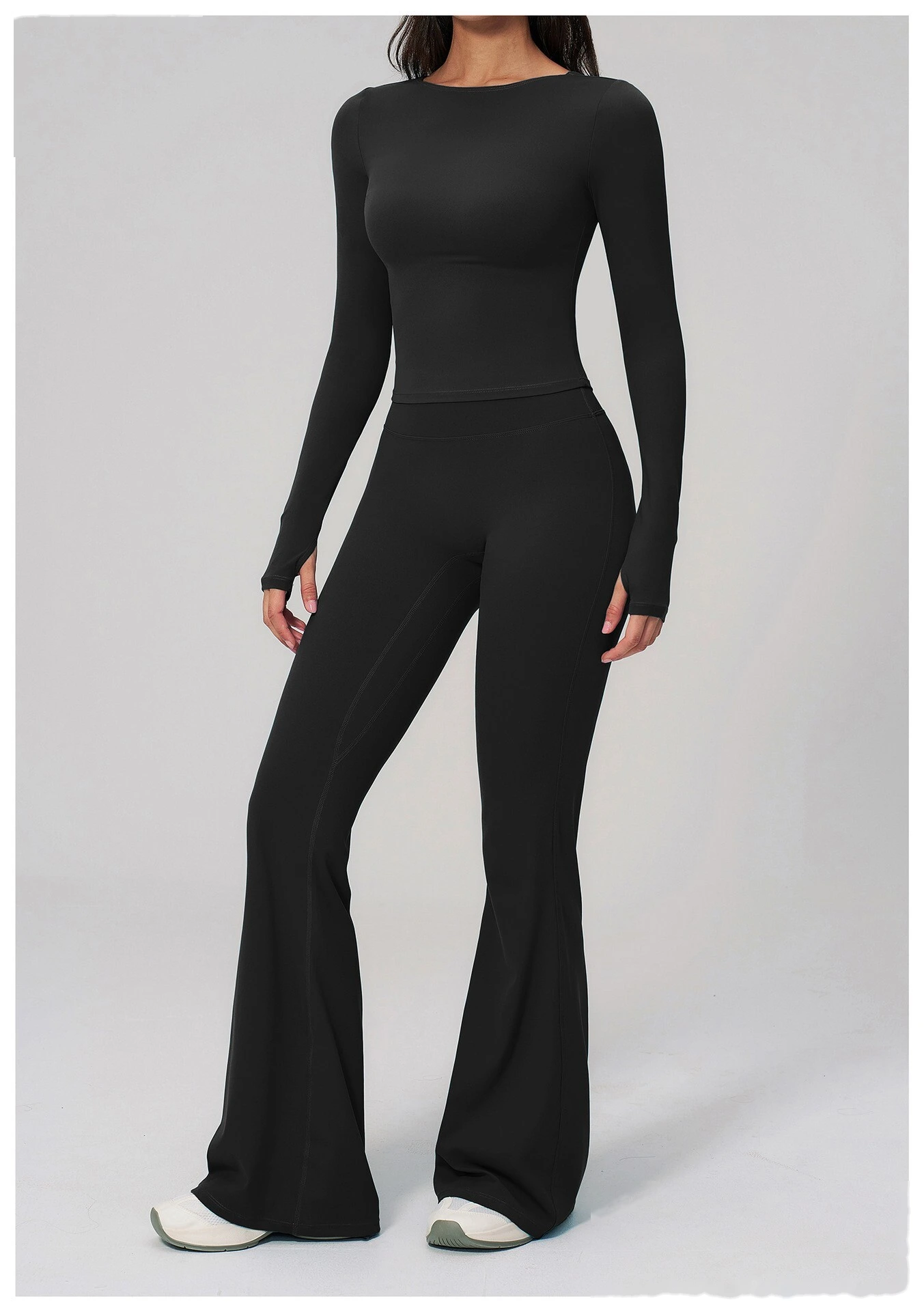 Women's Custom European Style Long Sleeve Sports Top High Waist Slim Hip Lifting Flared Pants Yoga Fitness Set detail