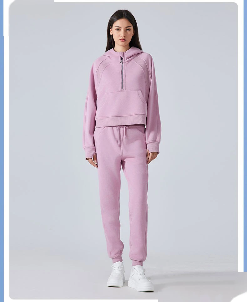 Customized autumn and winter cashmere warm hooded sweater outdoor fitness loose sports top women detail