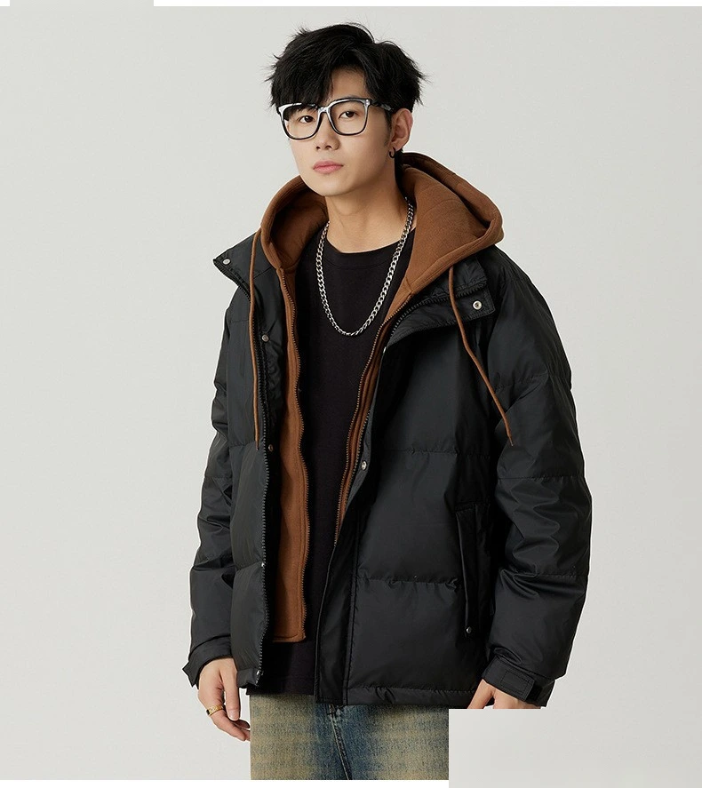 Custom hooded down jacket men's winter new trend fake two windproof warm couple coat. detail