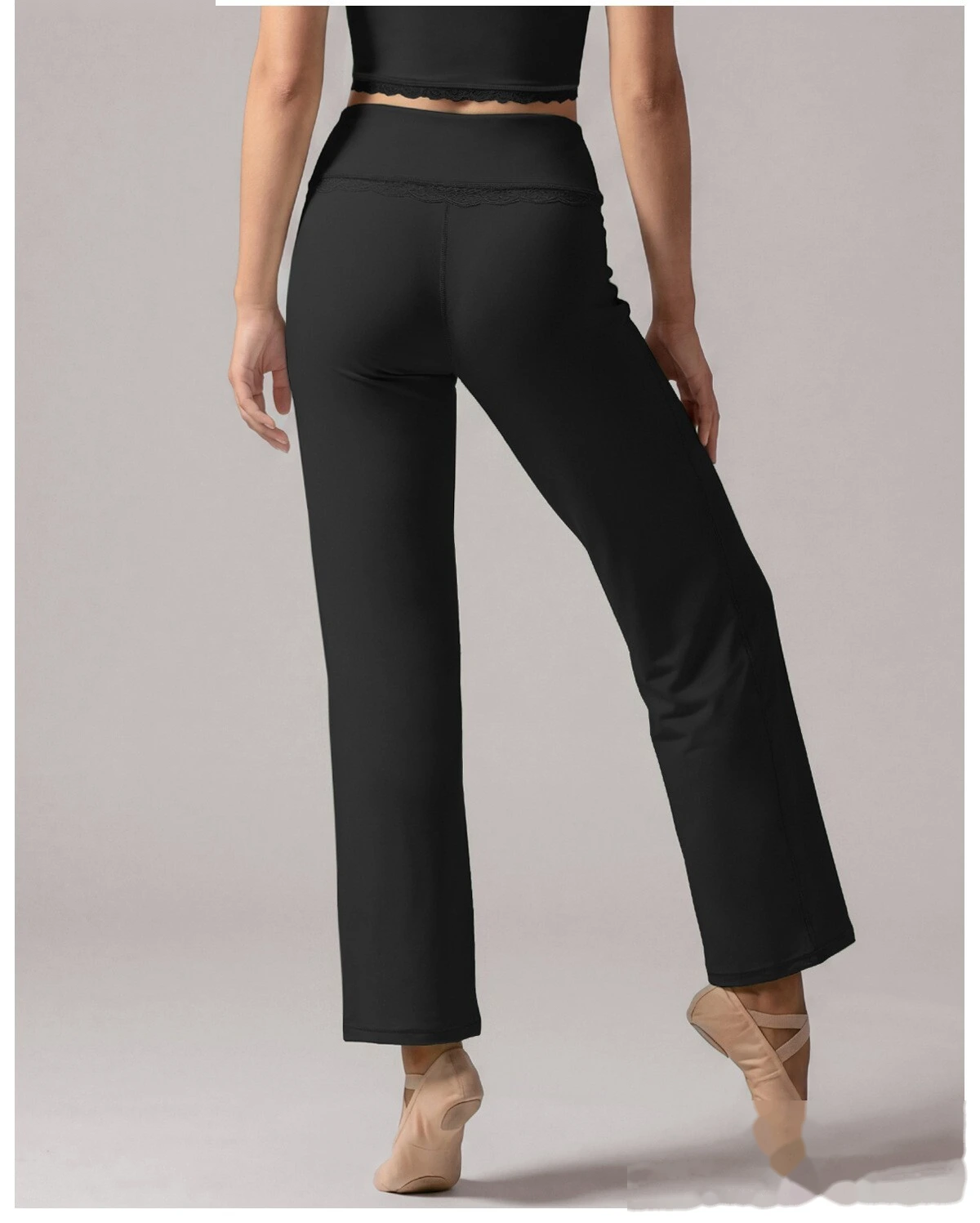 Custom 2 Piece Yoga Set, Lace Spliced Top & Straight Wide Leg Pants, Soft Stretch Activewear Outfit for Dance Training detail