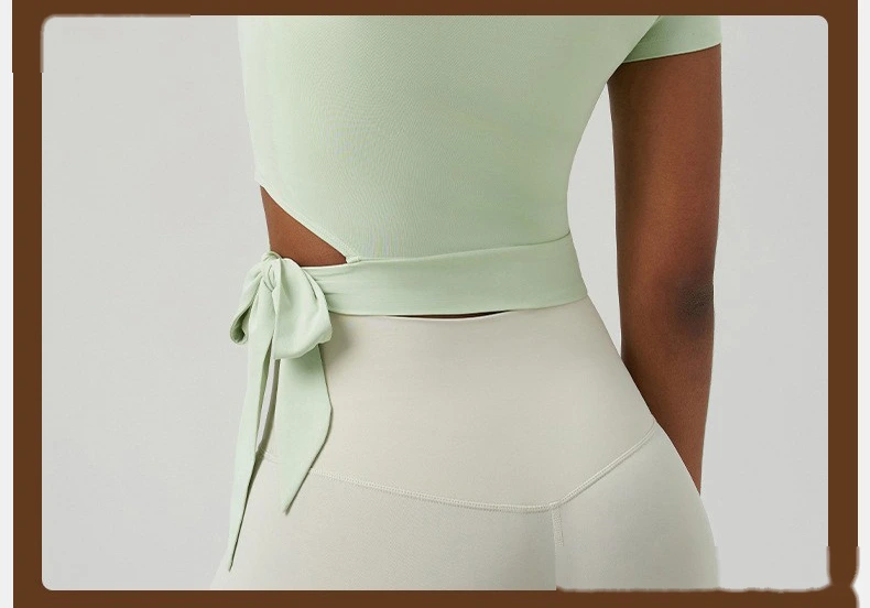Customized yoga clothes short-sleeved women's V-neck quick-drying and cool sense sports coat side waist strap fitness detail