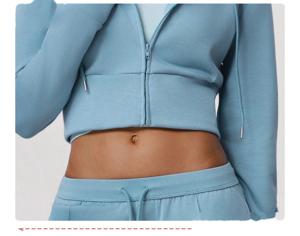 Women's Fall Winter Sports Tracksuit - Customizable Cropped Waist Hooded Jacket + Casual Outdoor Workout Set detail