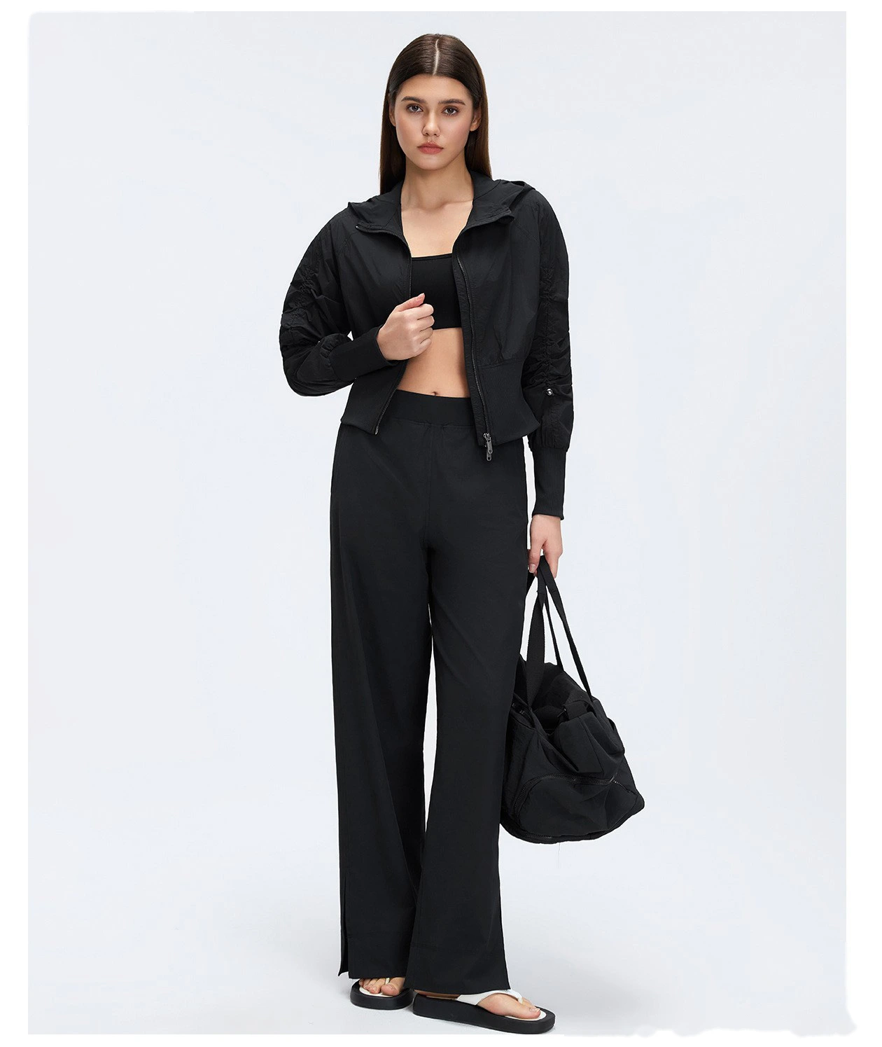 Bulk Custom Cropped Windproof Jacket - Women's Ruched Waist Slimming Hooded Zip-Up Casual Coat detail