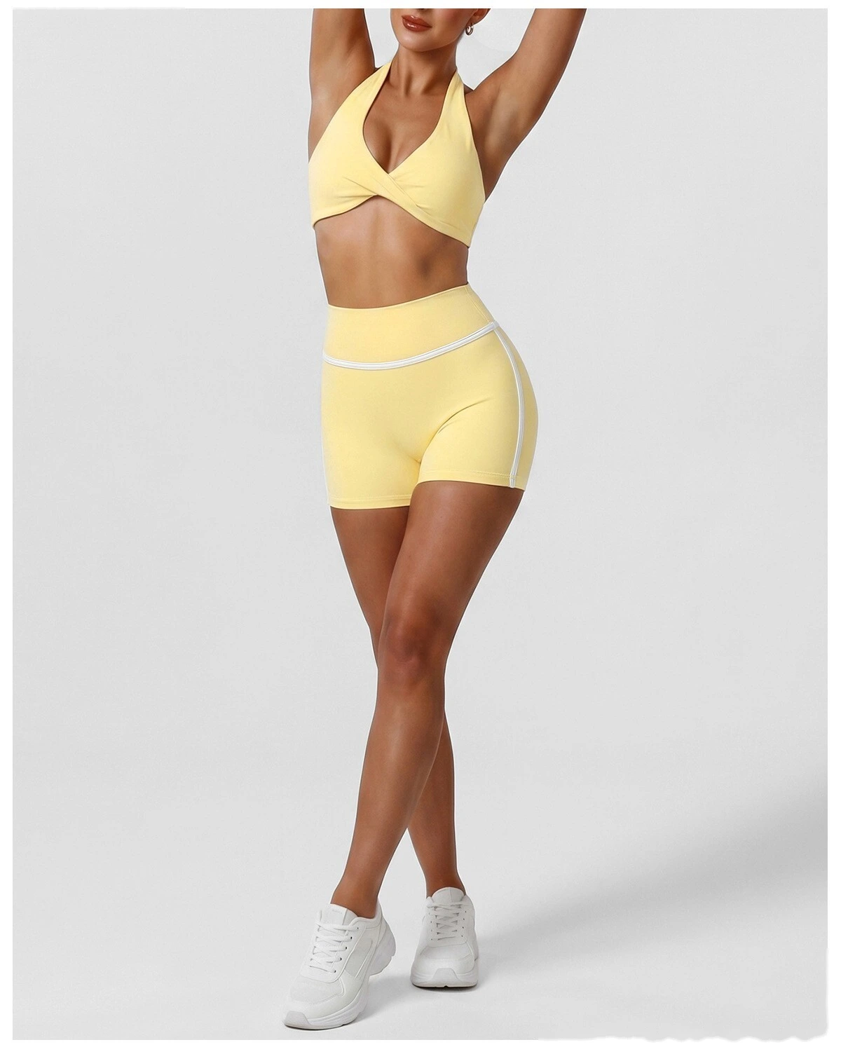 New Summer Women's Active Set, Halter Beauty Back Sports Bra with High Waist Tummy Control Workout Shorts detail