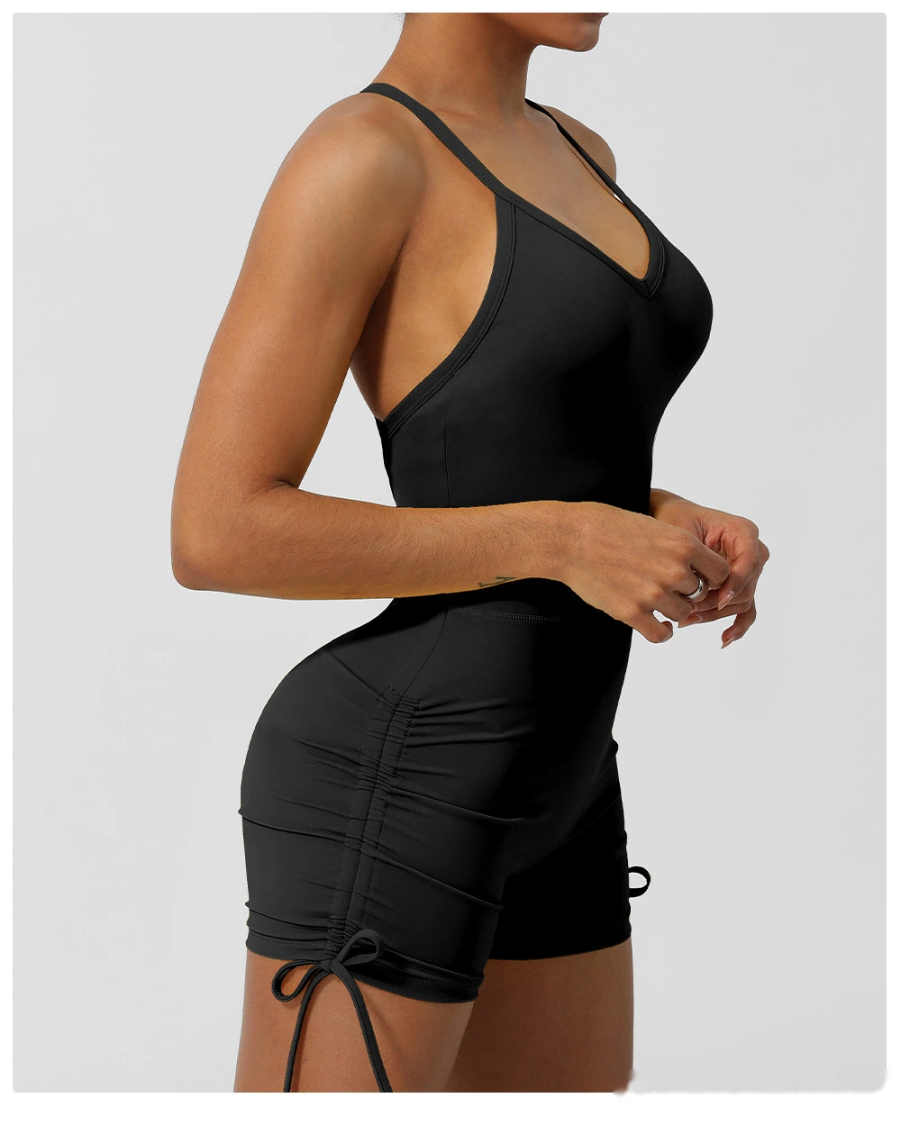 Custom-made European and American thin ribbon cross back yoga clothes tight shorts jumpsuit with chest pad detail