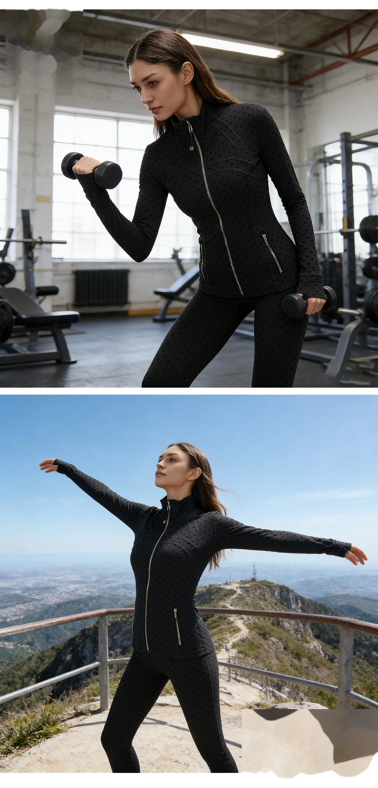 Bulk Custom Yoga Sports Set - Polka Dot Tummy Control Leggings & Slimming Stand Collar Workout Jacket detail
