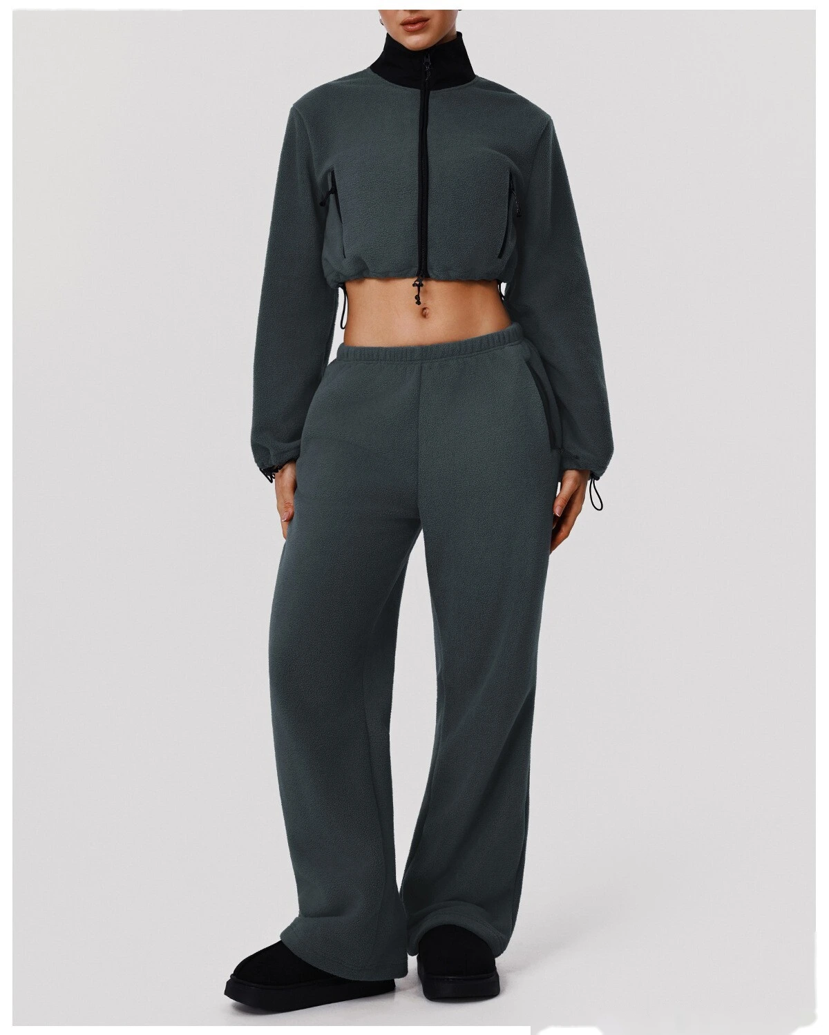 Custom Fleece Lounge Set - Women's Winter Warm Stand Collar Jacket & Wide-Leg Pants Sports Suit detail