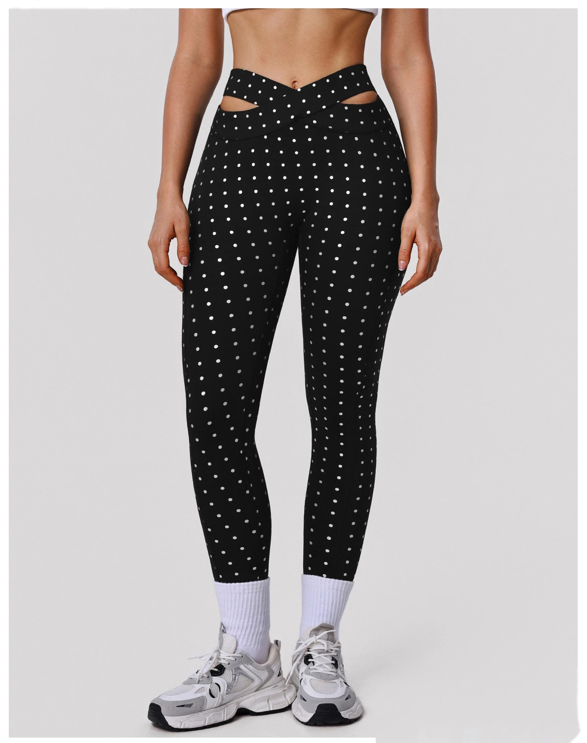 Bulk Custom Polka Dot Yoga Leggings - Women's High-Waisted Cross Cutout Butt-Lifting Sports Pants detail