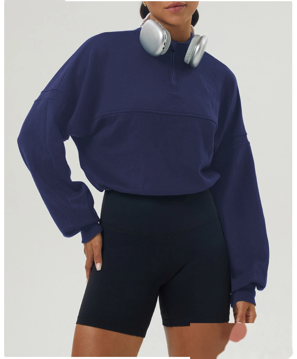 Custom autumn and winter sweater sports fitness long sleeve yoga clothes half zipper loose sweater woman detail