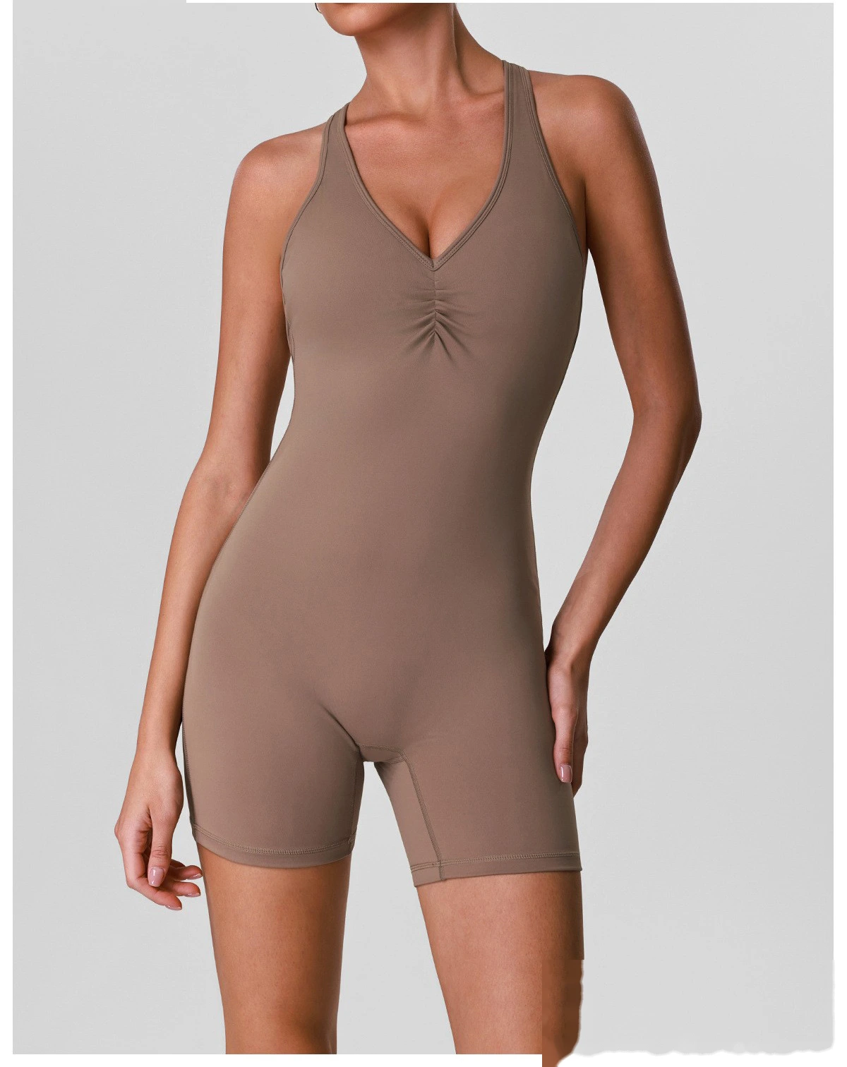 Custom Women’s Crisscross Beauty Back Yoga Romper V-Neck with Chest Pads High Stretch Fitness Short Jumpsuit detail