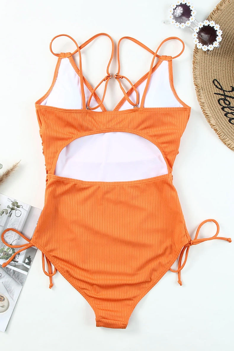 Custom women v neck strap one-piece swimsuits detail