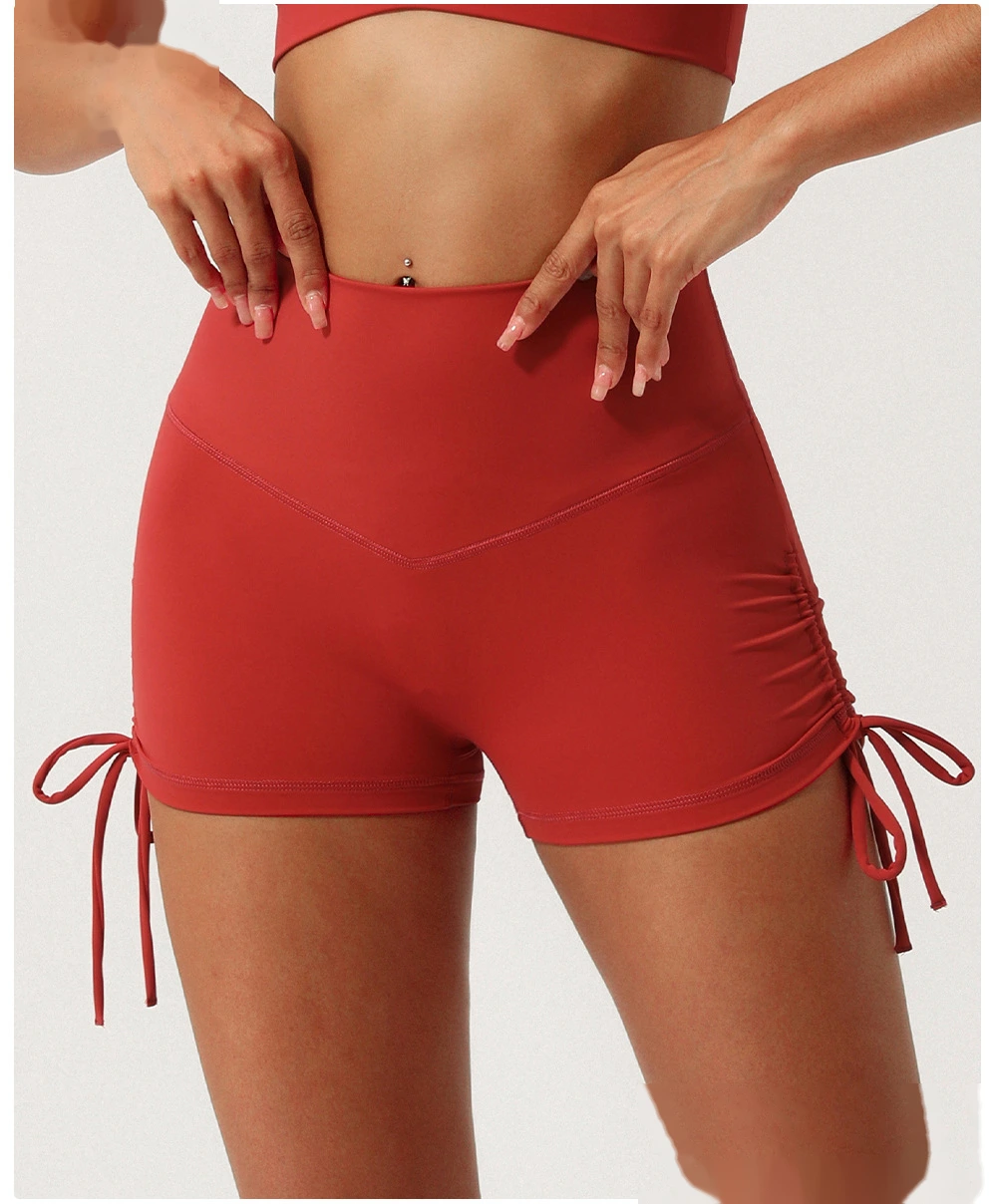 Custom-made nude quick-drying yoga shorts with rope-pulling and hip-lifting pants detail