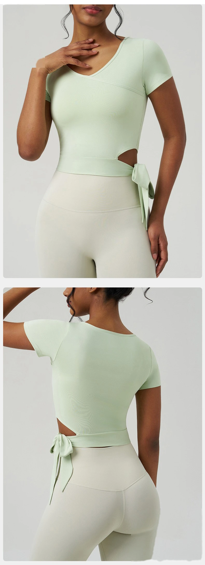 Customized yoga clothes short-sleeved women's V-neck quick-drying and cool sense sports coat side waist strap fitness detail