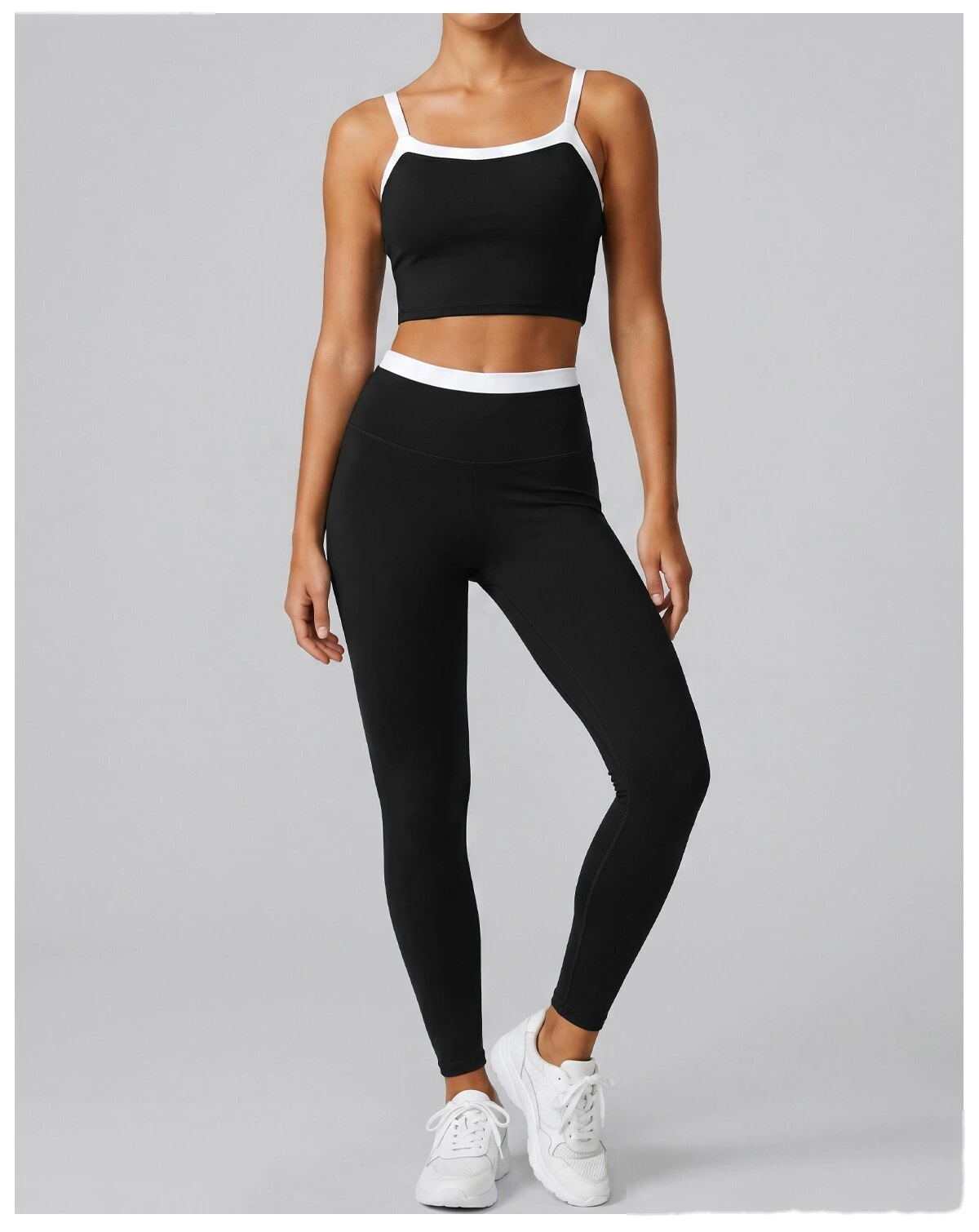 Women Contrast Color Activewear Set, Crisscross Back Tank Top + High Rise Stretch Leggings, Soft Naked-Feel Gym Outfit detail
