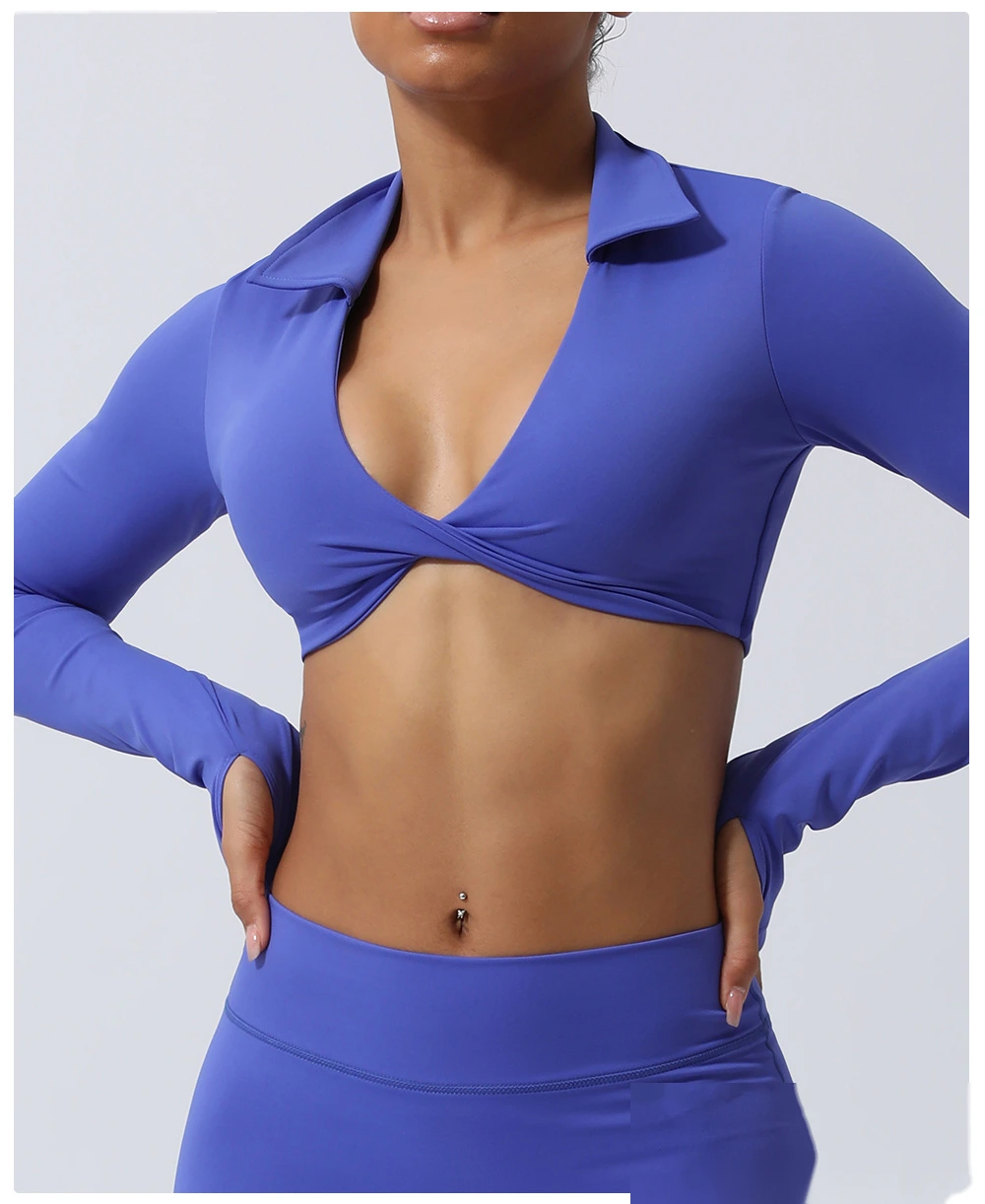 Custom-made nude lapel twisted sports shirt sexy navel yoga clothes long sleeve T-shirt detail