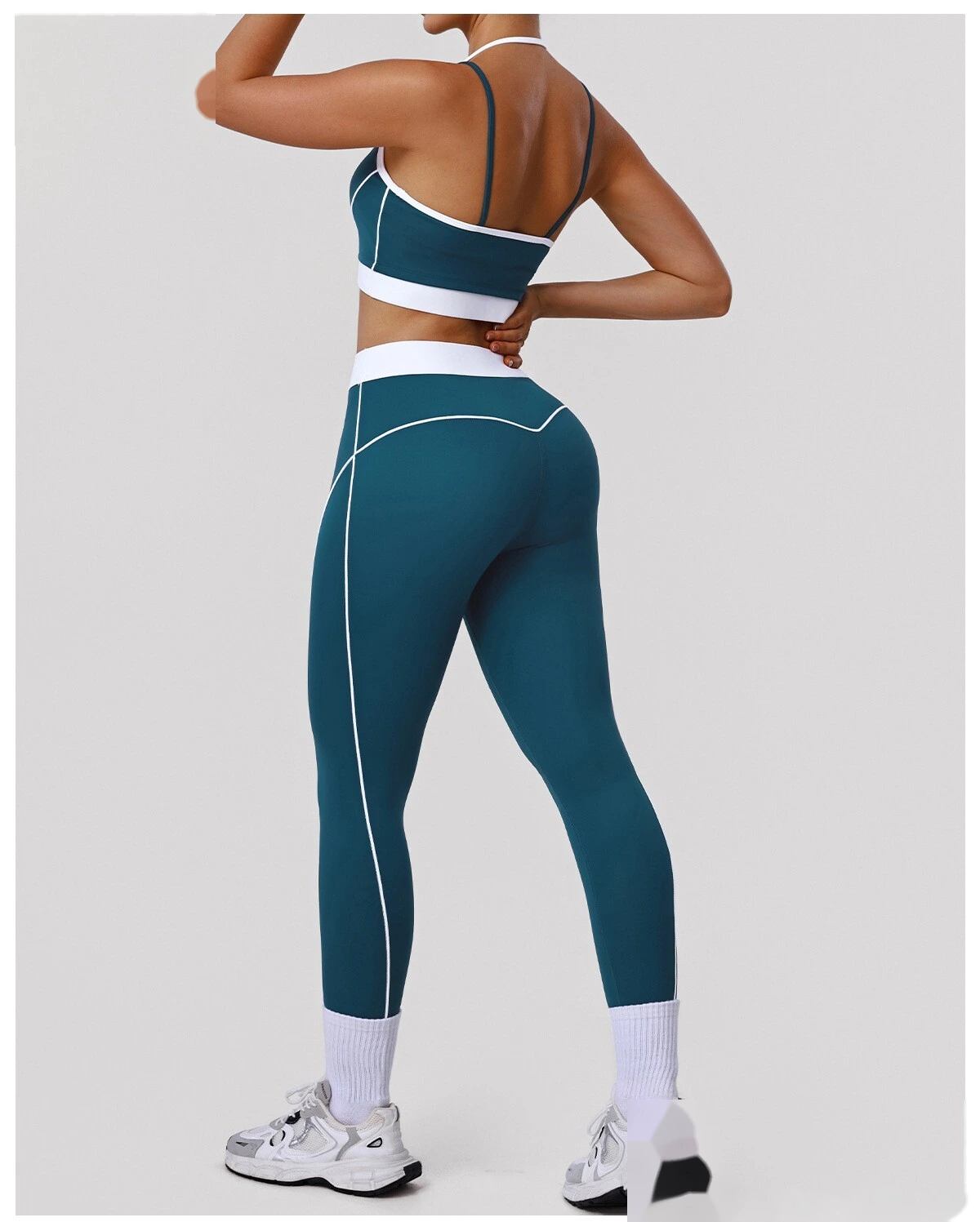 Custom Color Block Yoga Set - Women's High-Waisted Tummy Control T-Line Free Leggings & Sports Bra for Outdoor Running detail