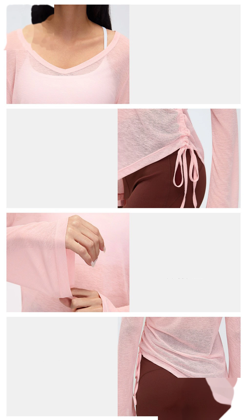Women’s V-Neck Long Sleeve Yoga Shirt Drawstring Waist Slim Fit Casual Sports Tee Loose Cover Up detail