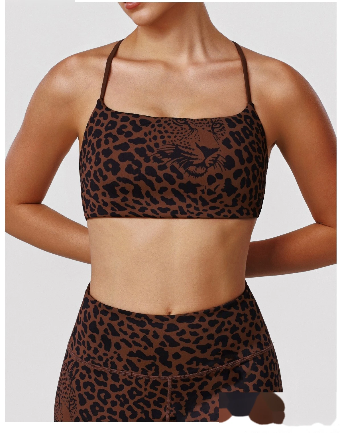 Bulk Custom Padded Leopard Sports Bra - Thin-Strap Criss-Cross Back High-Support Workout Yoga Bra detail
