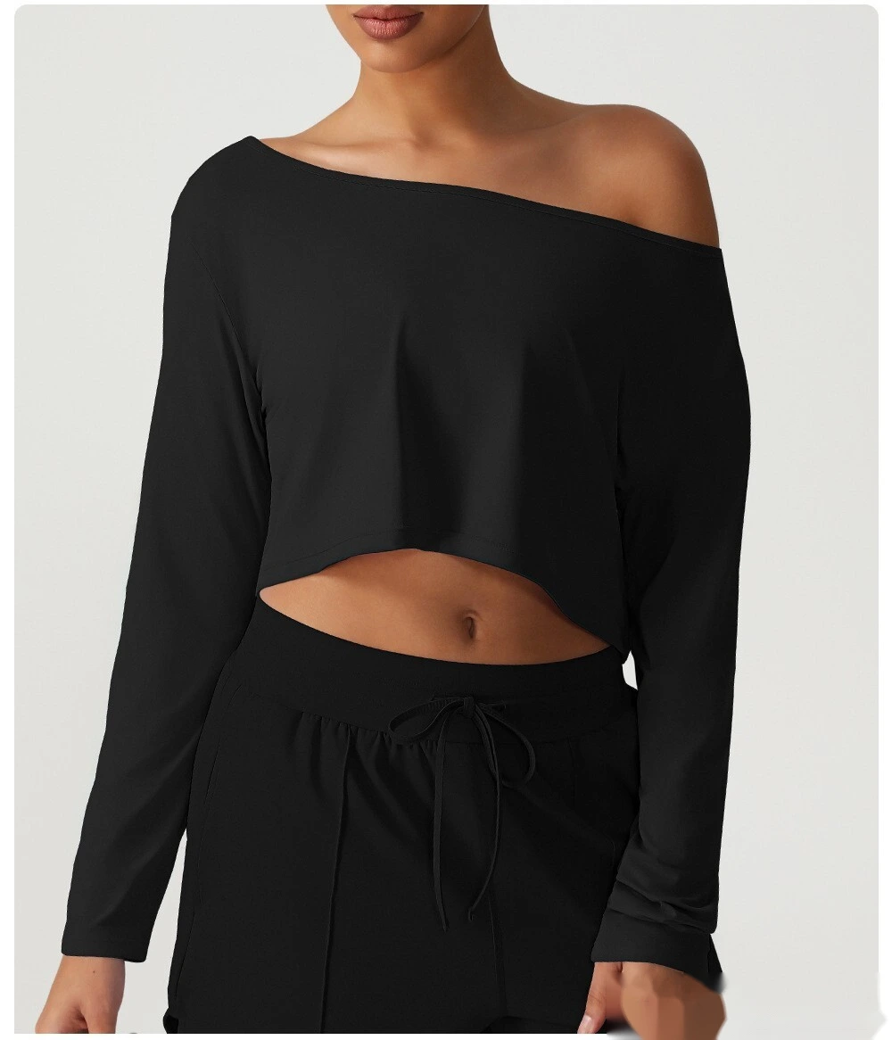 Customized diagonal shoulder long sleeve sports and leisure top high elastic loose T-shirt yoga fitness suit detail