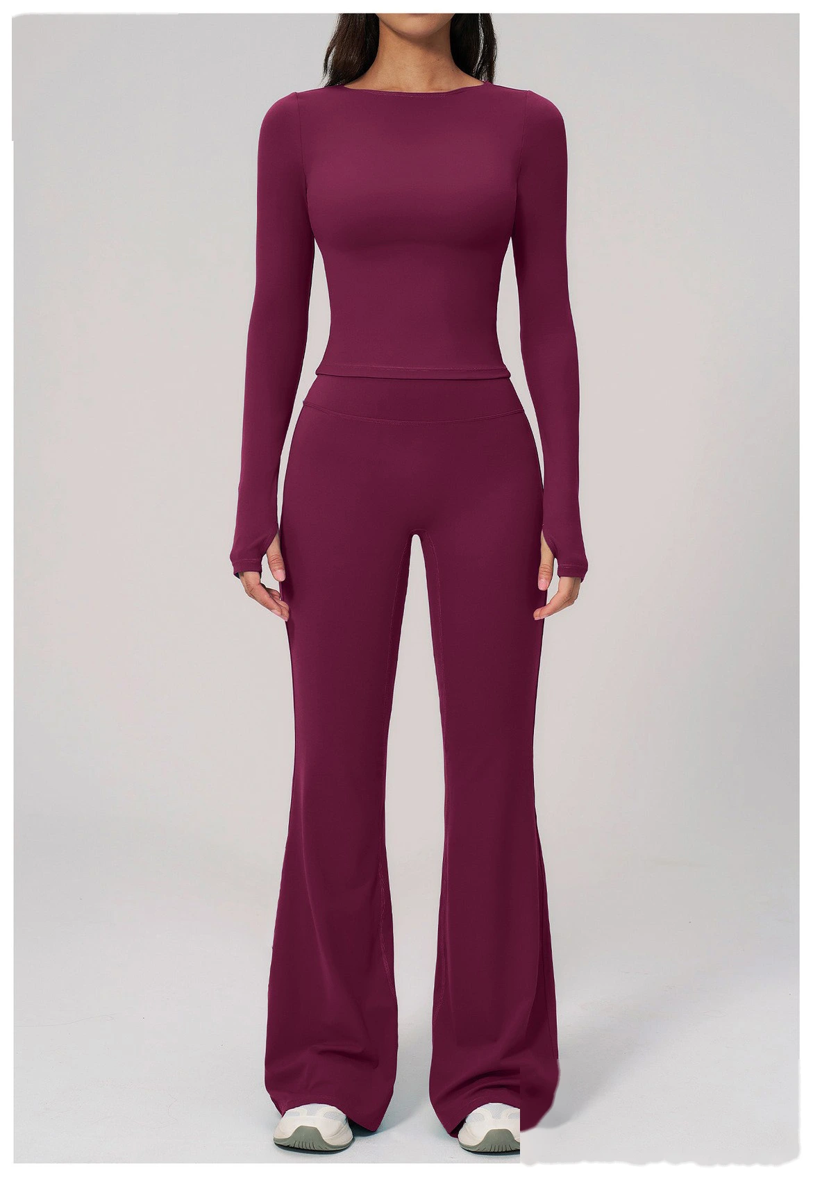 Women's Custom European Style Long Sleeve Sports Top High Waist Slim Hip Lifting Flared Pants Yoga Fitness Set detail