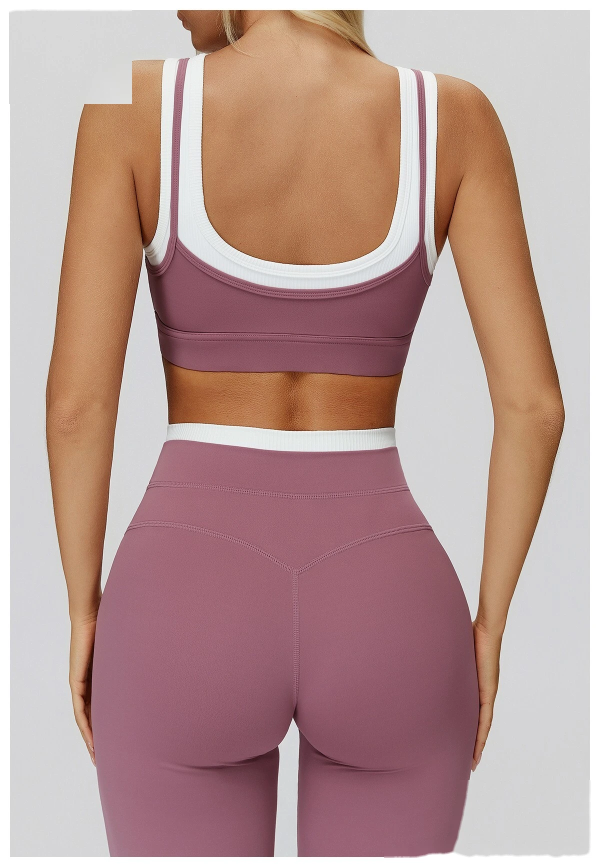 Customizable Naked-Feel Yoga Bra | Women's Fake Two-Piece Ribbed Contrast, Fitness & Running Style detail