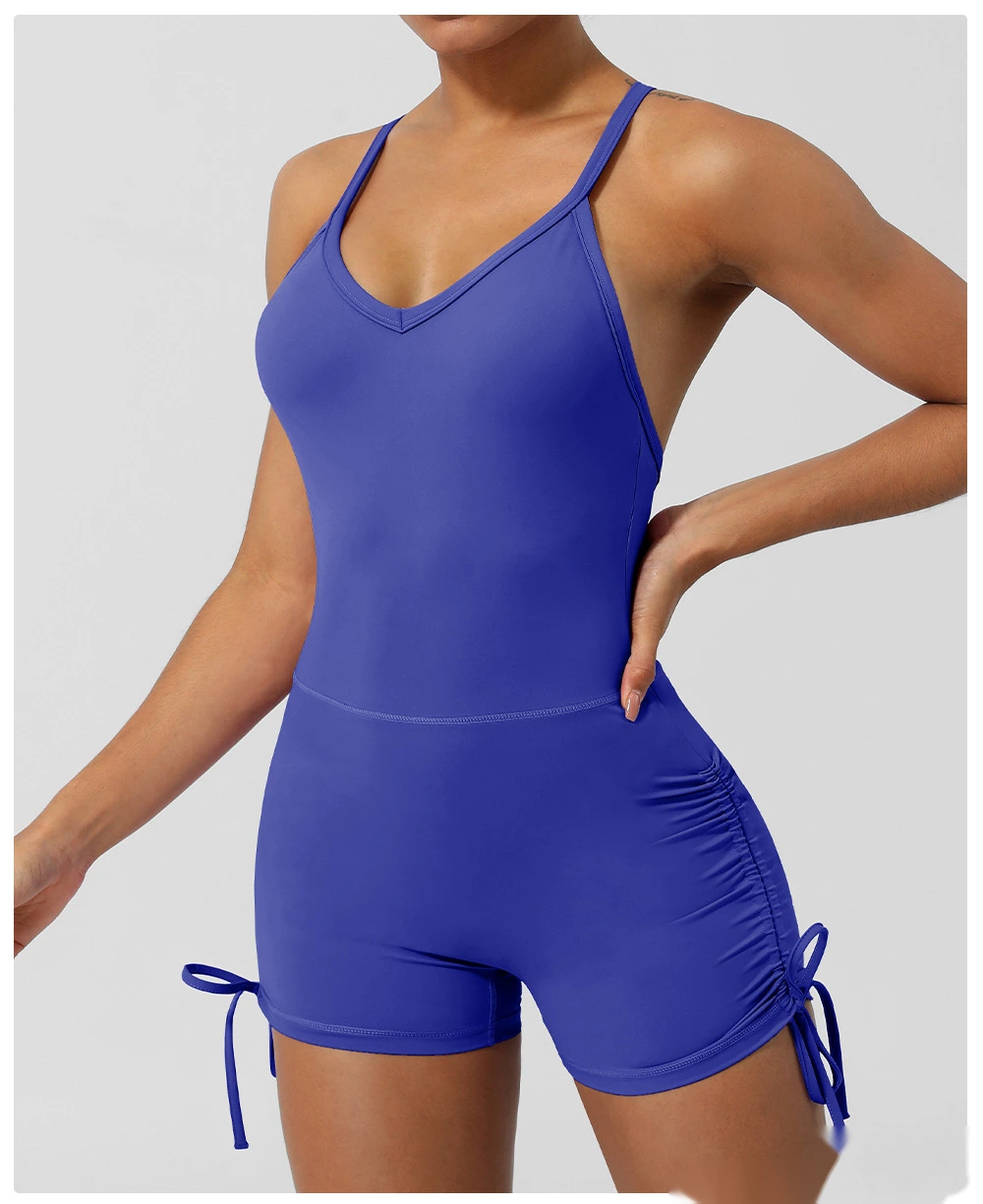 Custom-made European and American thin ribbon cross back yoga clothes tight shorts jumpsuit with chest pad detail
