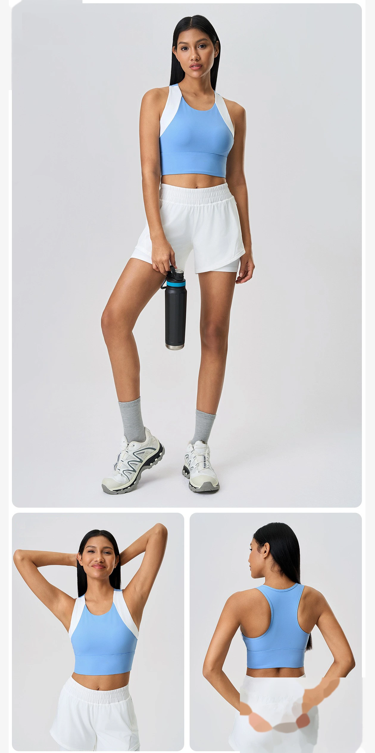 Customized contrast short sports vest female fixed chest pad gathered beautiful back yoga bra. detail