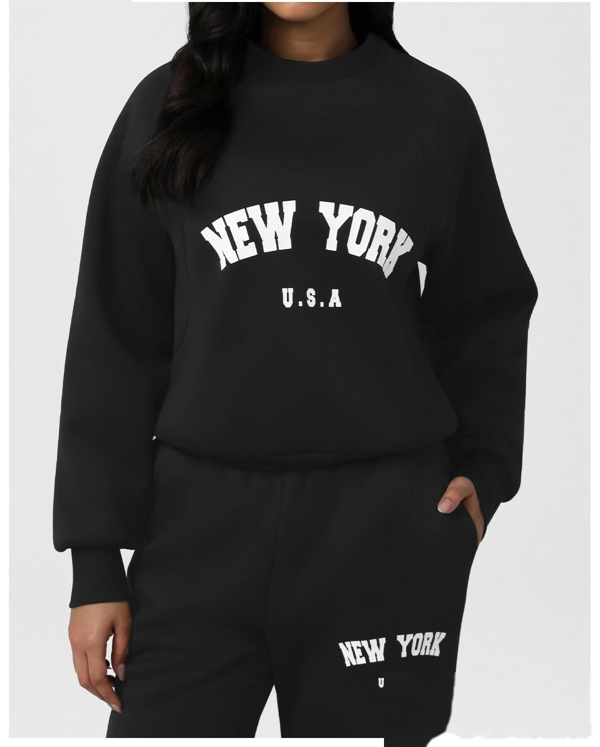 Custom Autumn-Winter Fleece Warm Sweatshirt Set with Cuffed Athletic Jogger Pants & Letter Print detail