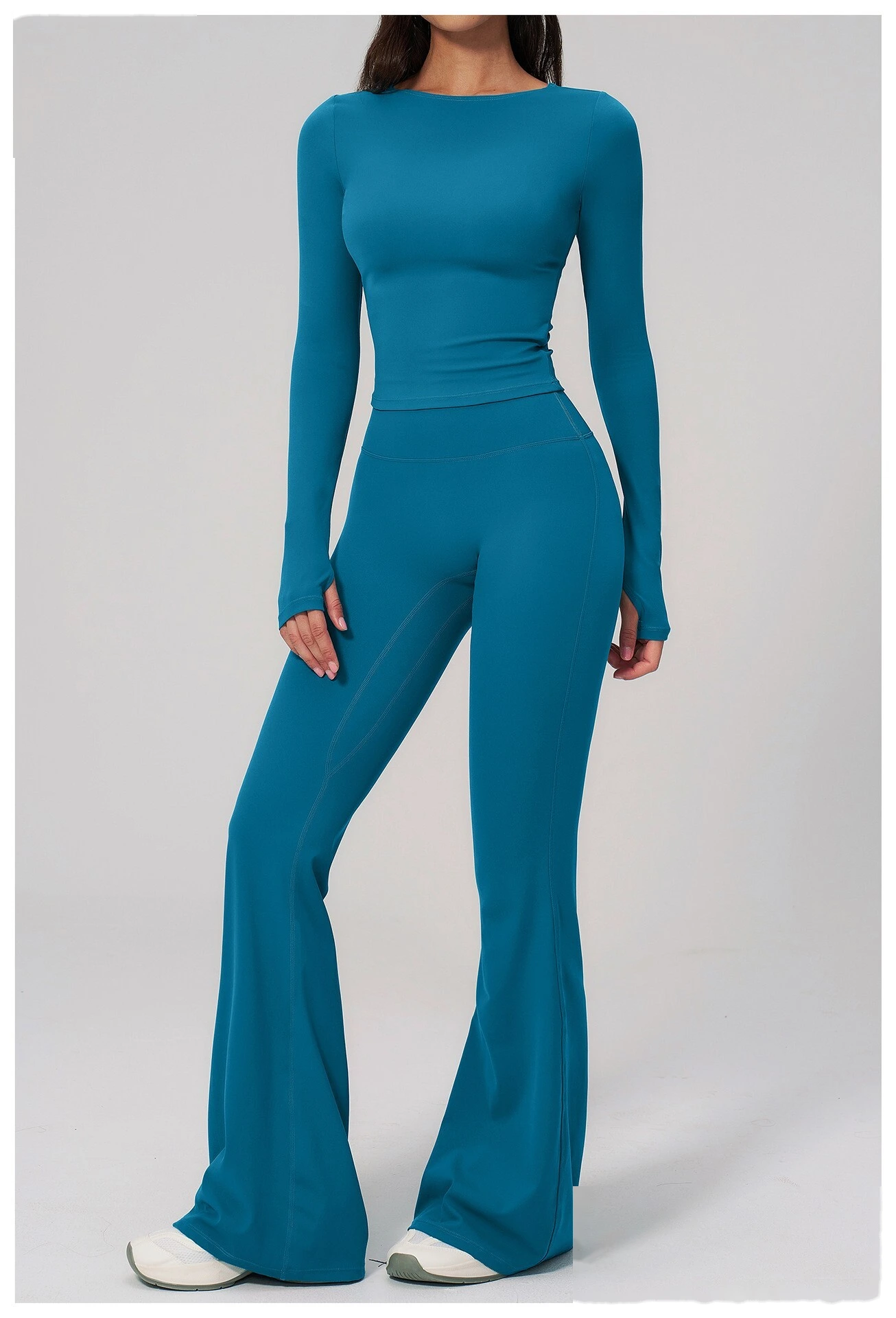 Women's Custom European Style Long Sleeve Sports Top High Waist Slim Hip Lifting Flared Pants Yoga Fitness Set detail