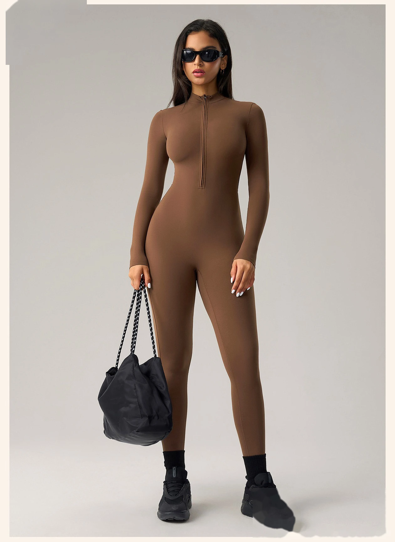 Women’s High Stretch Long Sleeve Half Zip Fitness Jumpsuit Slim Fit Butt Lifting Yoga Workout Bodysuit detail