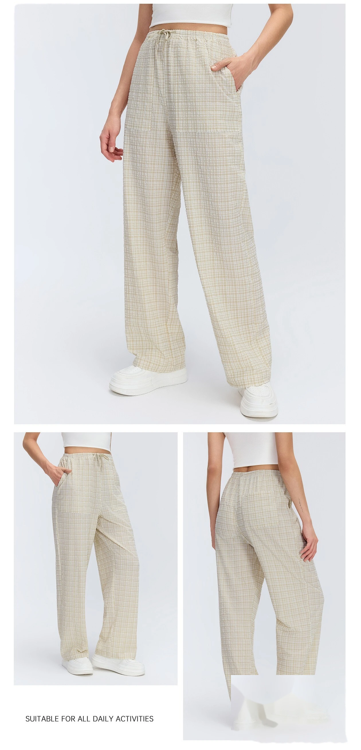 Women's Plaid Pattern Loose Slim Straight Long Pants Lightweight Casual Sports Trousers Custom detail
