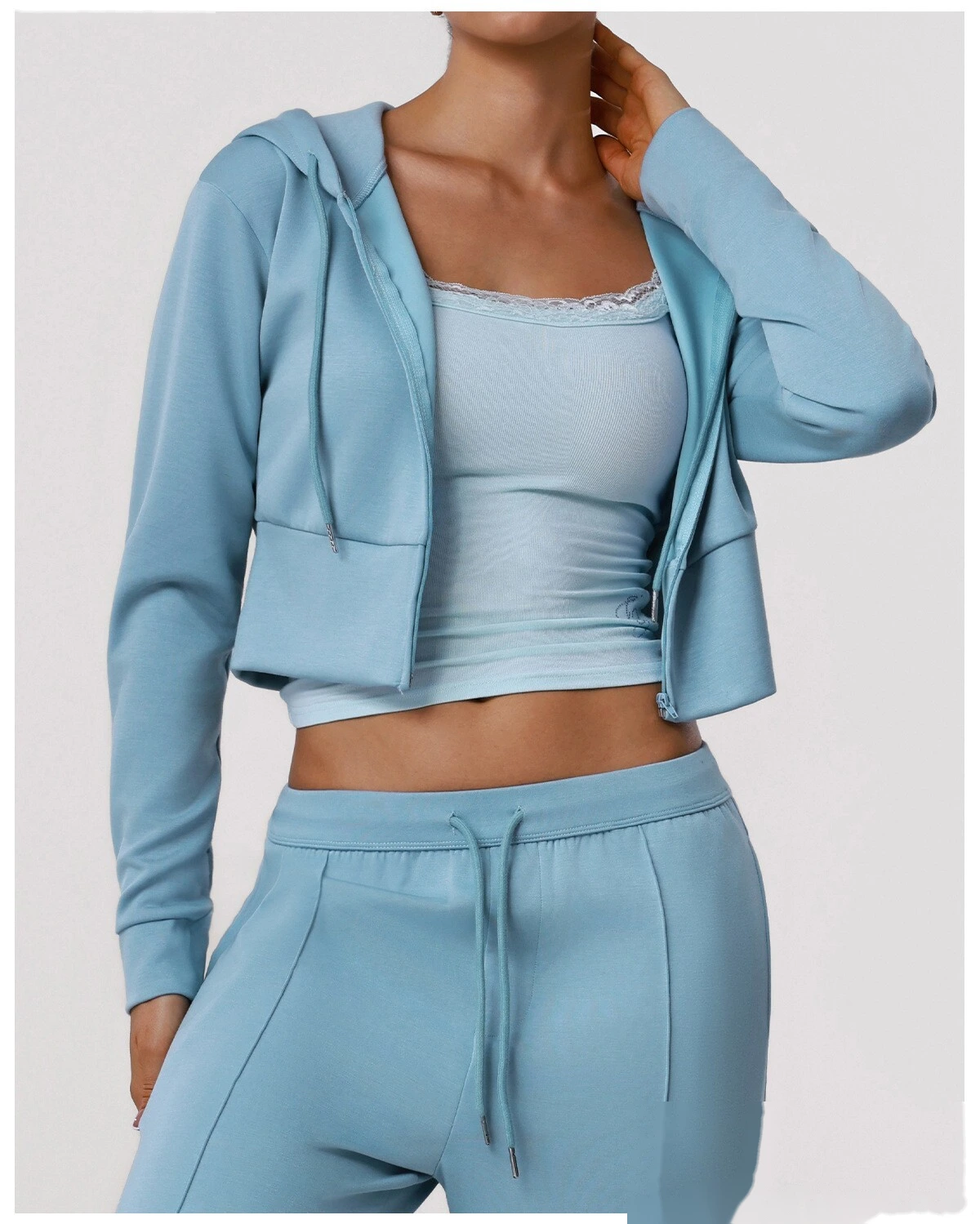 Women's Fall Winter Sports Tracksuit - Customizable Cropped Waist Hooded Jacket + Casual Outdoor Workout Set detail