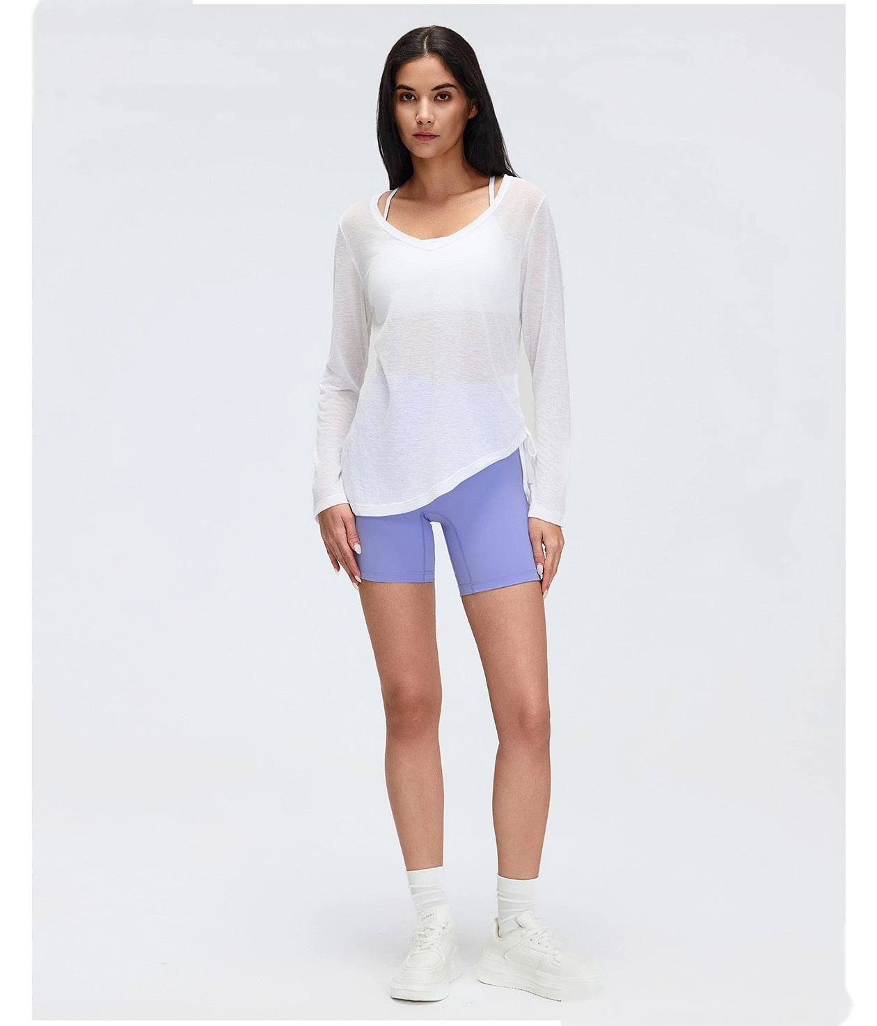 Women’s V-Neck Long Sleeve Yoga Shirt Drawstring Waist Slim Fit Casual Sports Tee Loose Cover Up detail